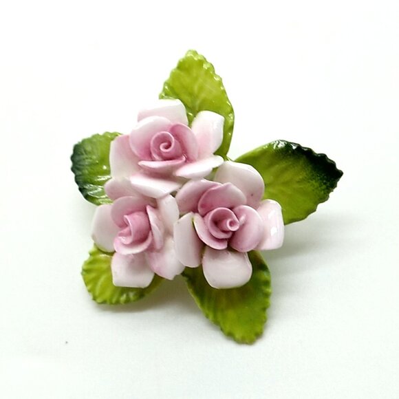 Ceramic Floral Brooch Pin Soft Pink Roses on Pastel Green Leaves - Picture 2 of 7